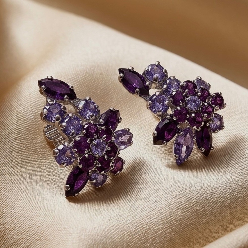 Vintage Sherman RARE Amethyst Alexandrite Rhinestone Clip Earrings Purple Canada